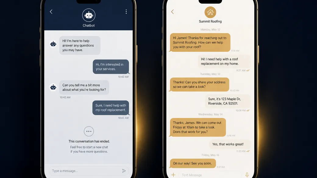 Two side-by-side smartphone screens, one showing a stalled single-session chatbot conversation and the other showing an ongoing multi-day AI sales agent thread