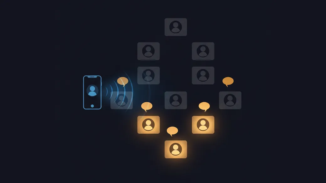 A smartphone sending a blue signal across a grid of faded contact cards, with several cards lighting up amber and replying with message bubbles